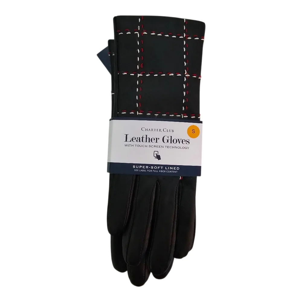 Charter Club‎ Genuine Leather Touchscreen Gloves Black Plaid Stitch Size S